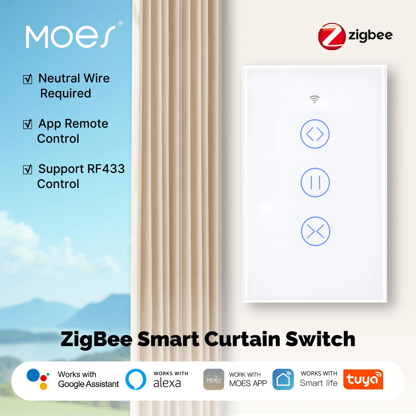 

MOES Tuya ZigBee Smart Curtain Switch Glass Touch RF App Wireless Control Fireproof Neutral Wire Required With Alexa Google Home