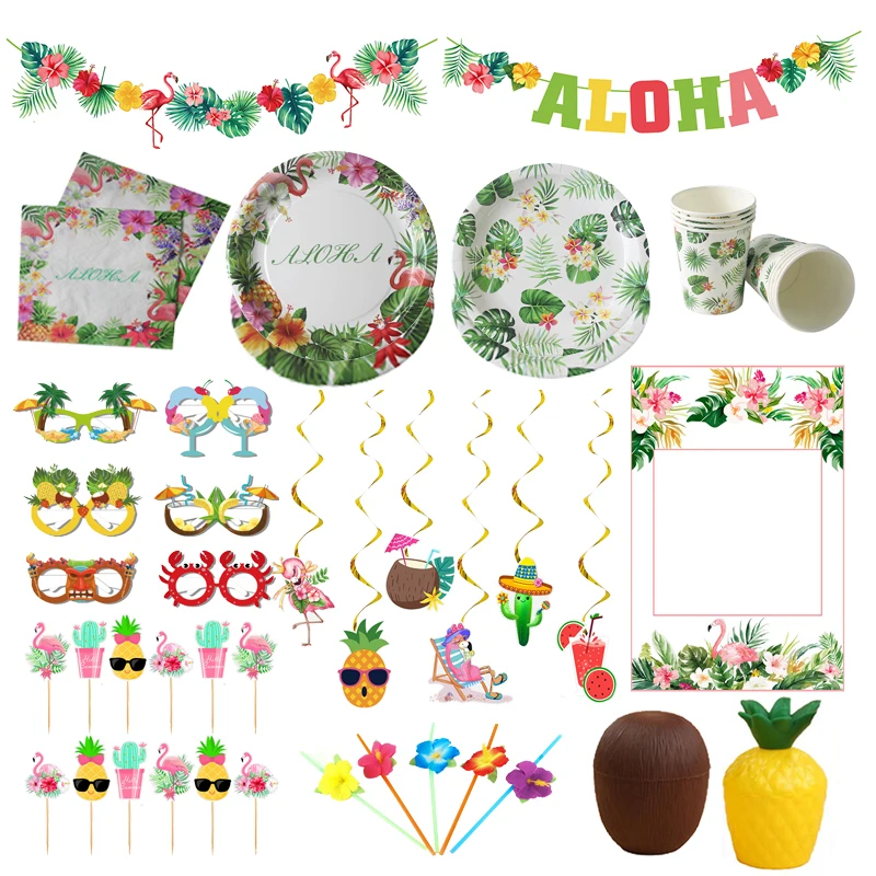 Hawaii Party Decorations Flamingo Hawaiian Luau banner Summer Tropical Disposable Tableware Aloha Birthday Party Decoration