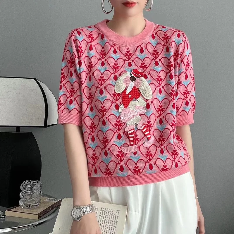 Nuove donne estive maglione lavorato a maglia stile europeo modello di cartone animato moda Jacquard girocollo manica corta maglioni Casual maglieria