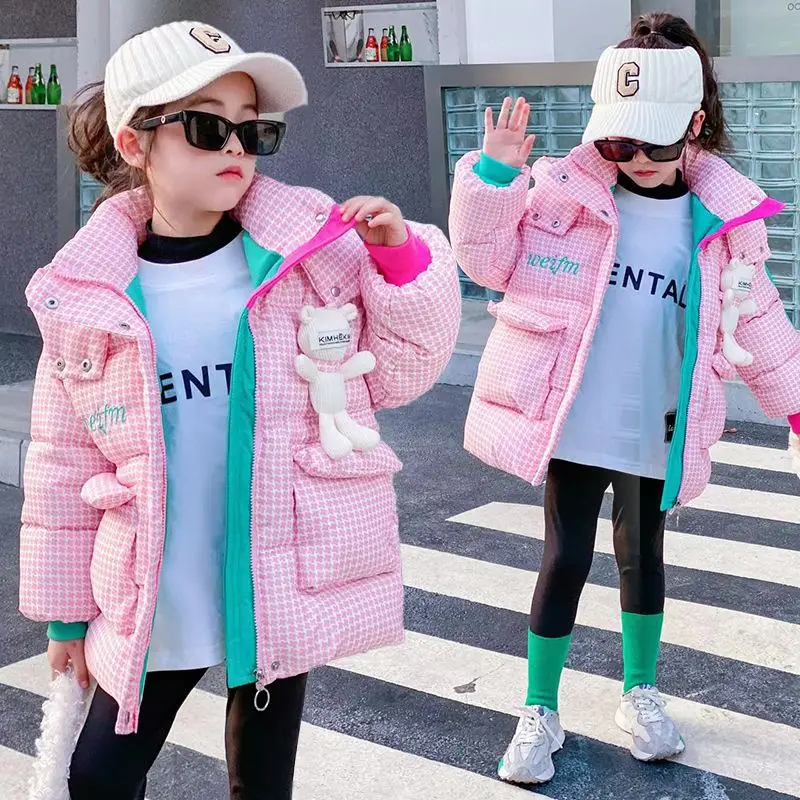 

4-10Y 2023 Winter New Girls Jacket Lining Plush Thick Keep Warm Zipper Coat Houndstooth Figure Mid-Length Down Cotton Outerwear