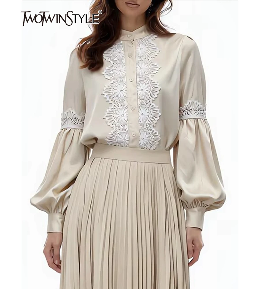 

TWOTWINSTYLE Hit Color Loose Spliced Embroidery Vintage Shirt for Women Stand Neck Long Sleeves Patchwork Folds Shirts Female