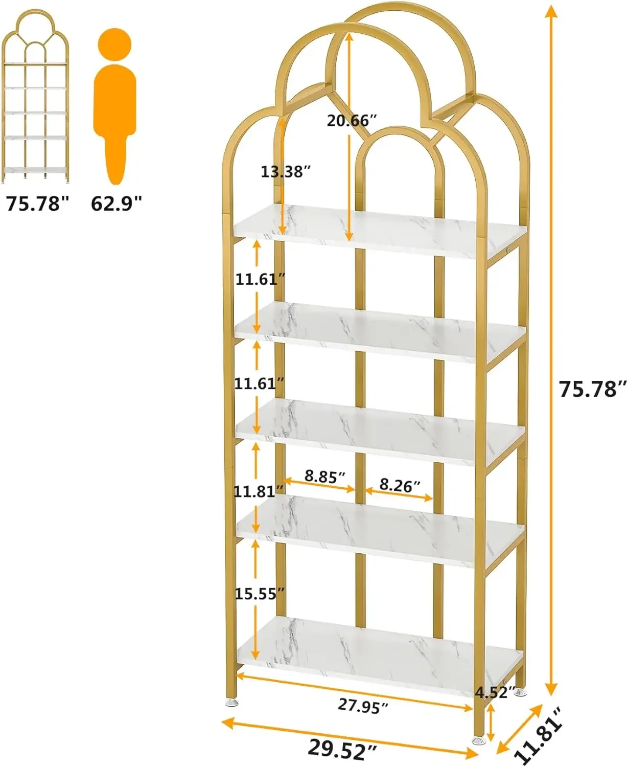 5-Tier Gold Bookshelf Bookcase, Modern Bookcase w/ Open Storage Shelves, Tall Display Shelf Plant Flower Stand Rack for Bedroom