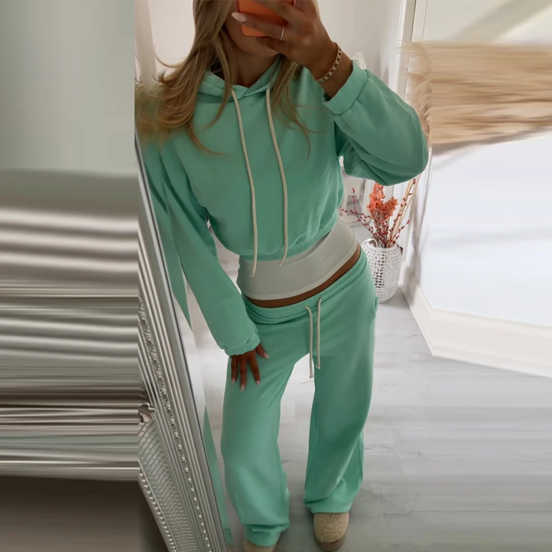Damen Crop-Hoodie-Sweatset-Outfit, Langarm-Kapuzenpullover mit Kordelzug, Weitbeinige Jogginghose, Trainingsanzug, Lässige Streetwear – Detail 21