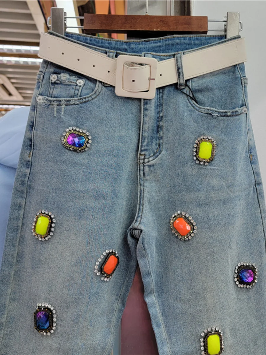 Beads Heavy Industry Blue Jeans for Women Loose Slimming All-Matching Ankle-Tied Harem Denim Pants 2023 Spring New Long Pantalon