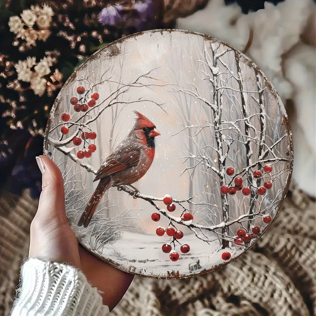 Room Decor Pack of 1 Winter Cardinal and Holly Berry Wreath Aluminum Sign, Elegant Red Bird Decorative Foil Engraved Plaque