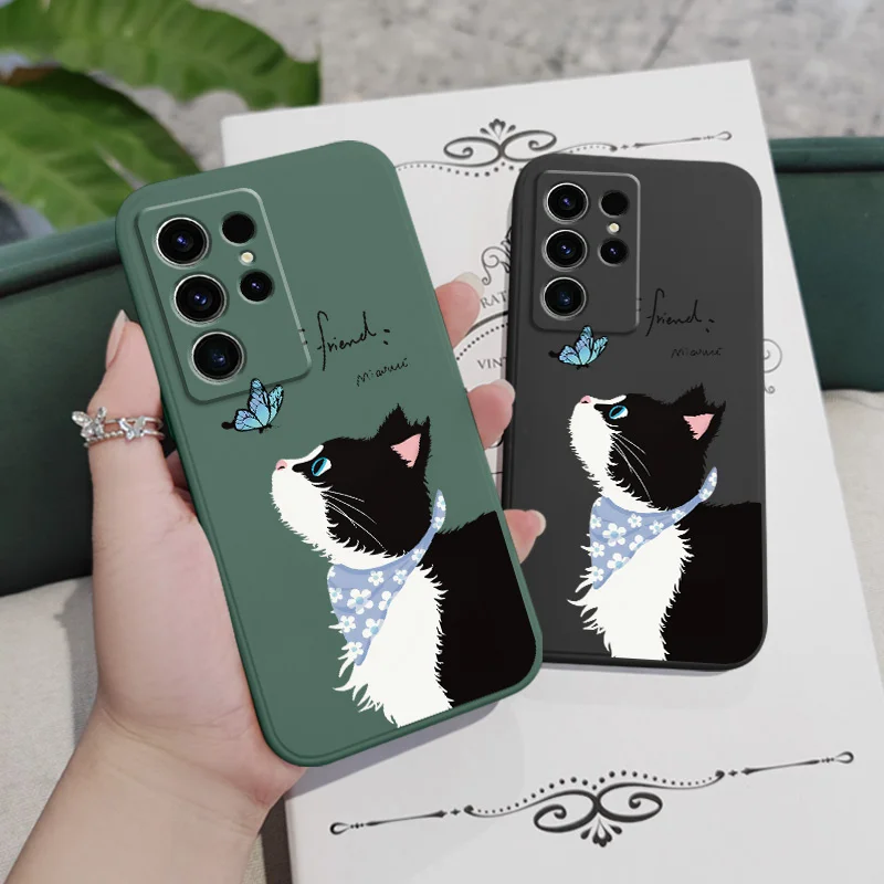 Cat Butterfly Phone Case For Samsung Galaxy S24 S23 S22 S21 S20 S10 S10E Ultra Plus FE Note 20 Ultra 10 Plus Cover