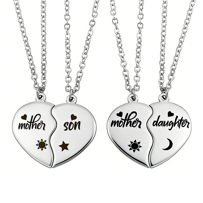 2Pcs/Set Mother Daughter Son Heart Puzzle Pendant Necklace Stainless Steel Sun Moon Necklaces For Mom Children Gift
