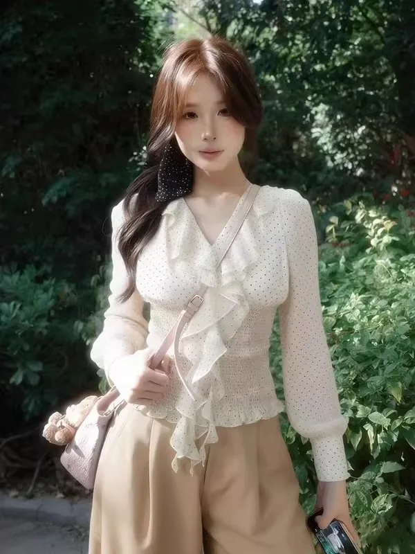 

plus Size Women's Korean Style White V-Neck Polka Dot Long Sleeve Shirt Spring Bell Bottom Pure Desire Waist Cinch Chiffon Top