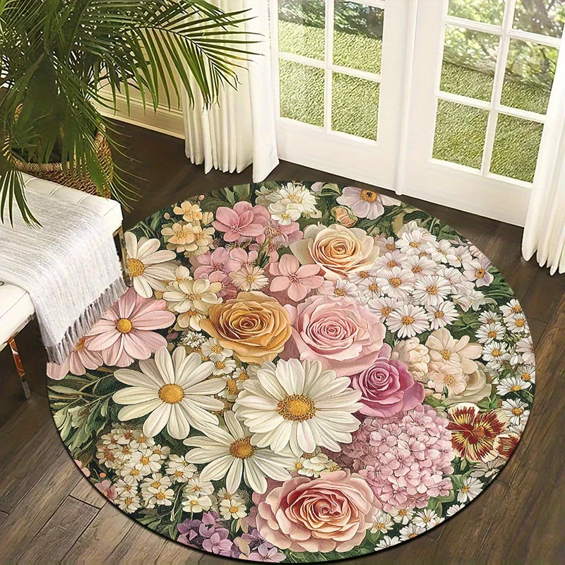 2D Flat, 1pc Blooming Rose and Daisy Round Mat, Lightweight Non-Slip Machine Washable, Home Decor, Nostalgic Style, Creates