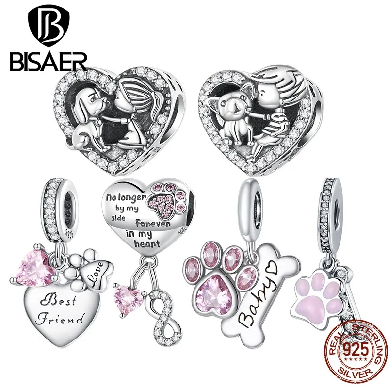 BISAER 925 Sterling Silver Cute Pet Paw Dog Charms Pink Crytal Heart Bead Fit Women DIY Bracelet & Necklace Family Fine Jewelry