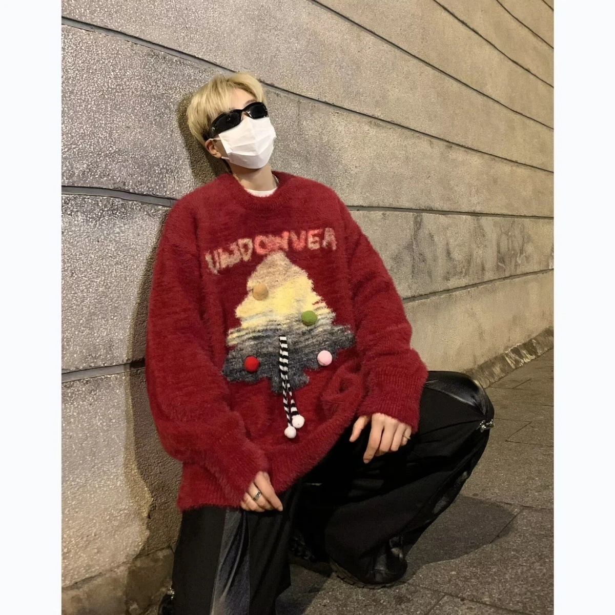 Pull à capuche tricoté ample rouge, haut décontracté pour nouvel an, pour hommes et femmes, fermeture à bande magique, Fiber de Polyester douce