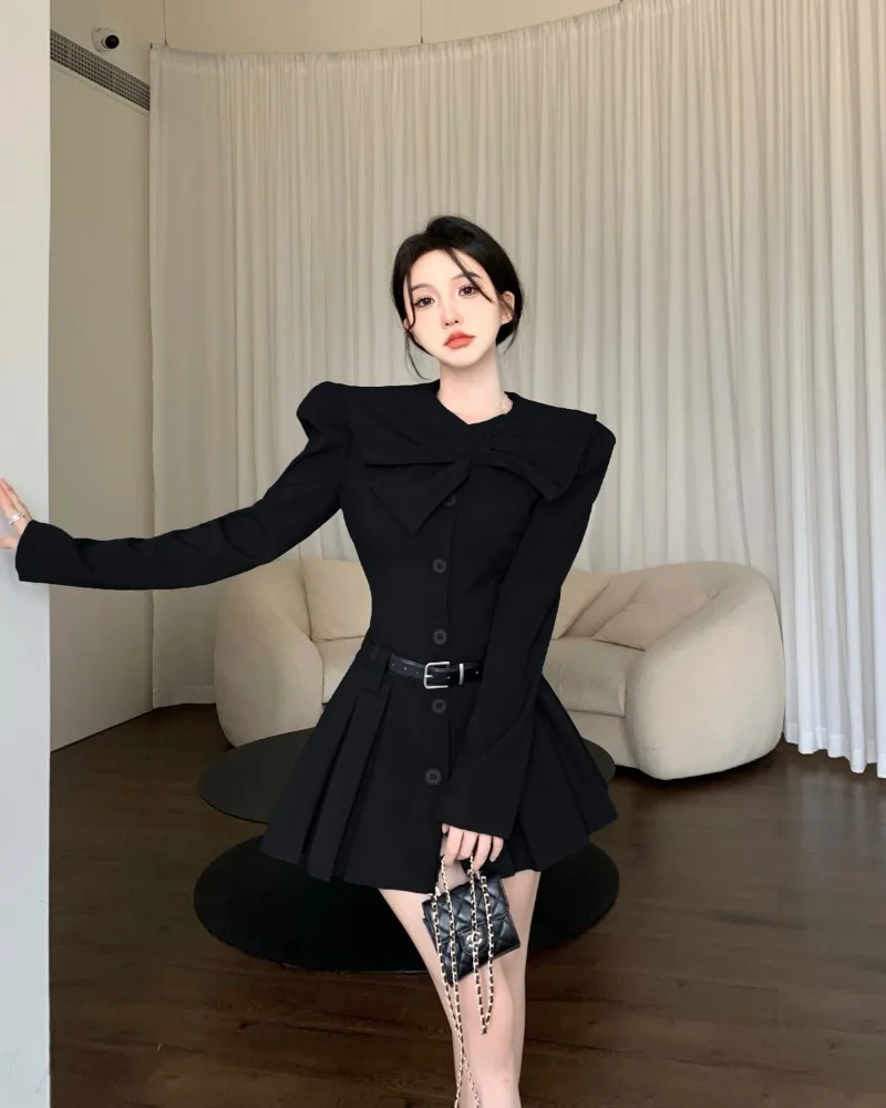 เดรสกระดุมแถวเดียวสำหรับผู้หญิงชุดเดรสมีจีบแขนมีโบว์สำหรับฤดูใบไม้ผลิและฤดูร้อน cewek seksi หวาน