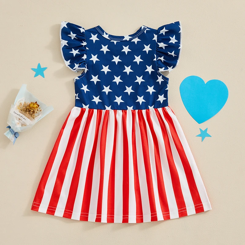 Kids Girls Independence Day Dress Flying Sleeve Crewneck Stars Stripe Print A-line Dress for 6 Months to 6 Years