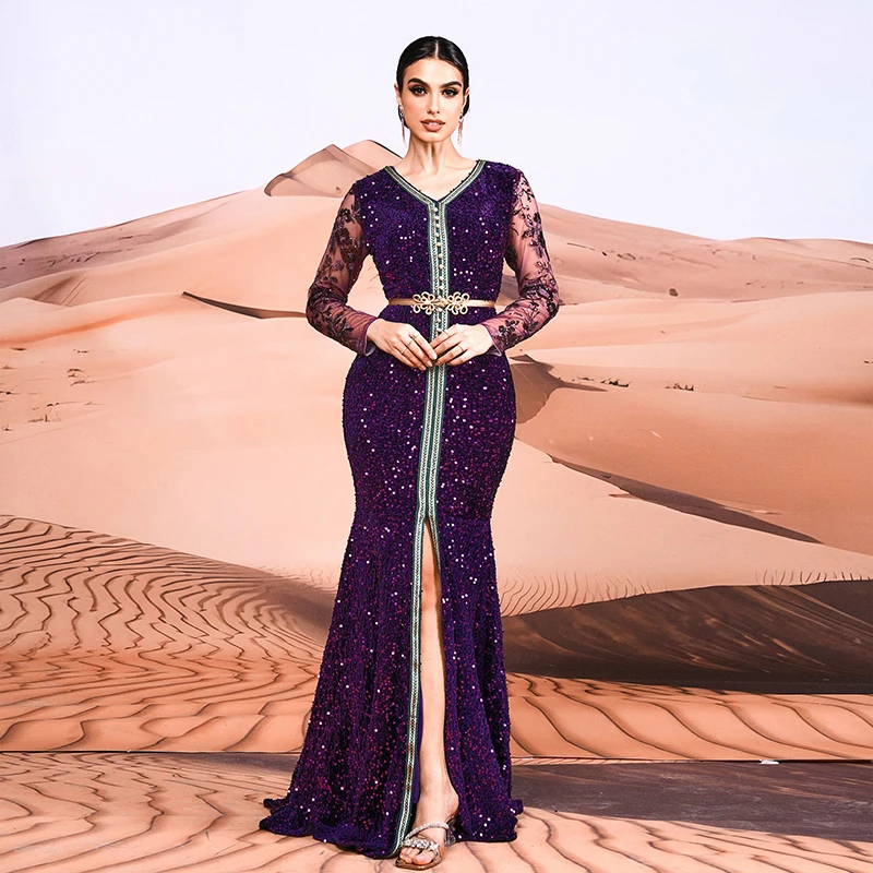 

Women Long Sleeve V Neck Split Vestido de festa Abaya Dubai Purple Sequined Sexy Cocktail Prom Evening Party Maxi Dresses