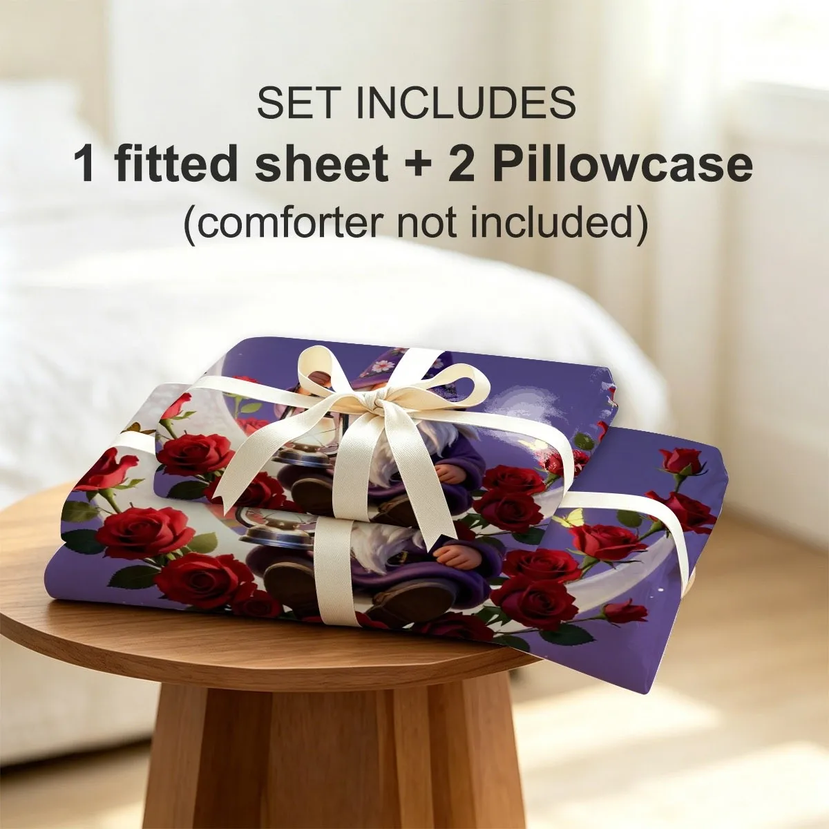 Quirky Gnome and Luminous Crescent 2D Digital Print Three-Piece Bedding Set (Includes 1 Fitted Sheet + 2 Pillowcases) 3-Piece Set, Large Capacity Deep Pocket 2D Printed Fitted Sheet and 2 Pillowcases, Mattress Protector, Fitted Elastic Style, Protective Cover, Mattress Protector, Essential for Atmosphere, Suitable for All Seasons, Machine Washable Design, Holiday Decoration, Various Sizes, Breathable Protective Cover with Pillowcase