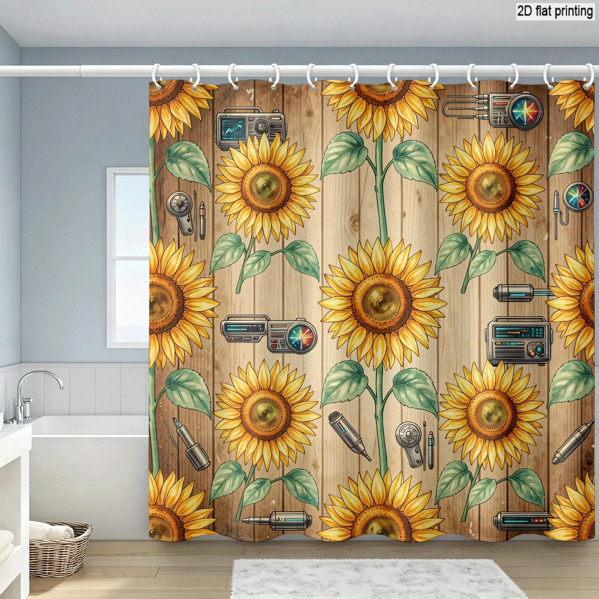 

Bohemian Sunflower Steampunk Camera Vintage Floral Pattern Shower Curtain for Bathroom Decor Waterproof Tapestry