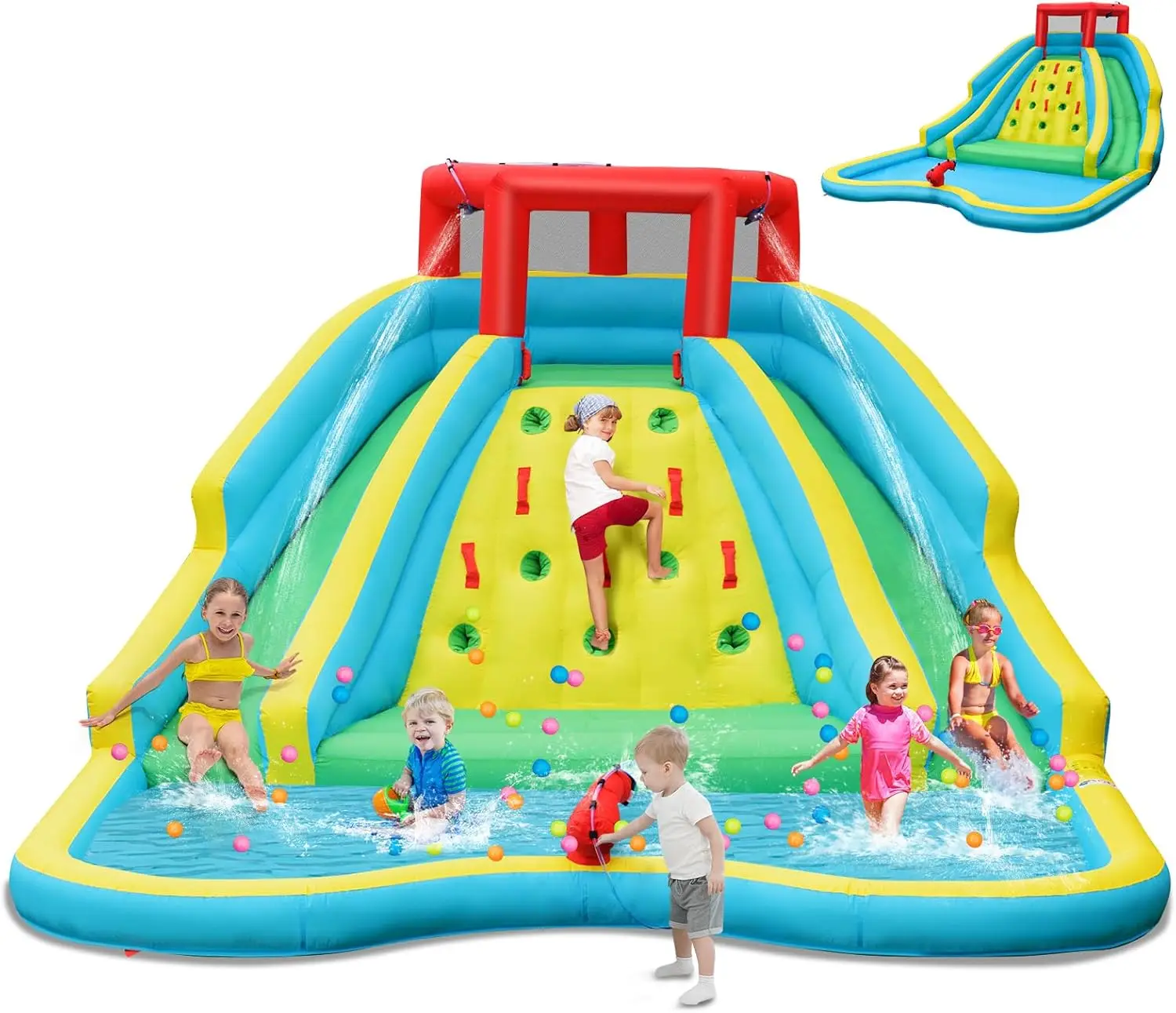 

Giant Inflatable Water Slide for Kids, Outdoor Water Park with Two Long Slides and Climbing Wall, Water Cannon and Hoses, Large Splash Pool, Blow Up Waterslides for Backyard (Blower Not Included)