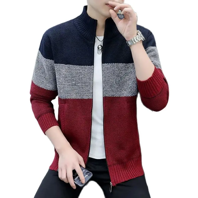 2024 Winter Men Sweater Add Velvet Cardigan Patchwork Color Stand Collar Male Casual Zipper Knitted Thick Warm Sweatercoat