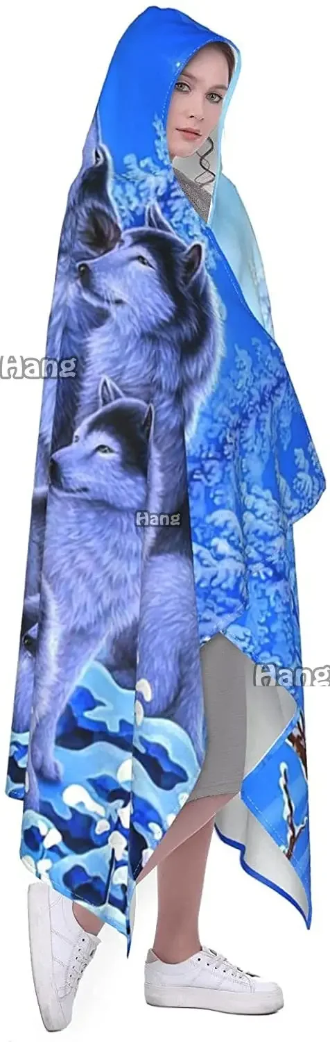 Christmas Warm Gifts Blanket Hoodie Wolf Family Hooded Blanket Wearable Blanket-Super Soft Plush Warm Blanket Throw Blankets