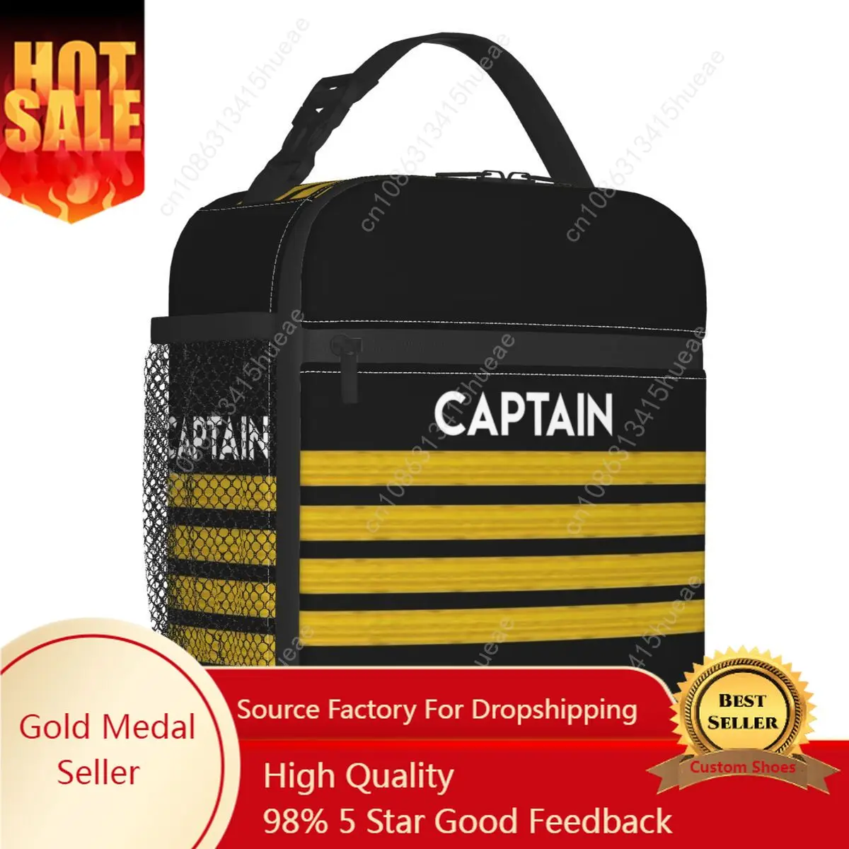 Captain Stripes Epaulettes Insulated Lunch Bags for School Office Aviation Airplane Pilot Thermal Cooler Bento Box Women Kids