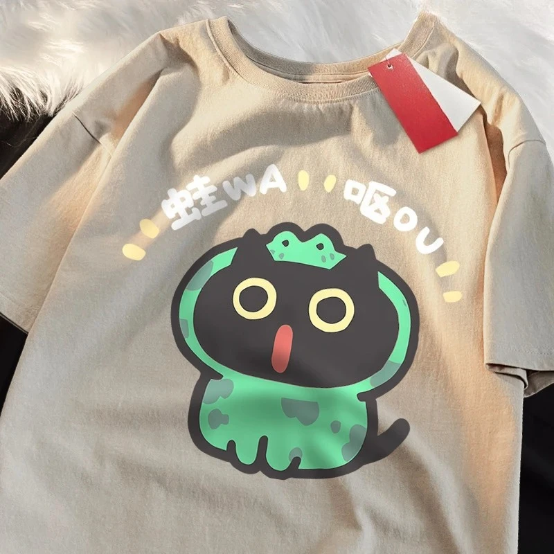 لعب الأدوار الضفدع القط تي شيرت المرأة Crewneck بلايز عادية عرق تي شيرت نمط فضفاض قصيرة الأكمام تيز الجرافيك تي شيرت Y2K #5