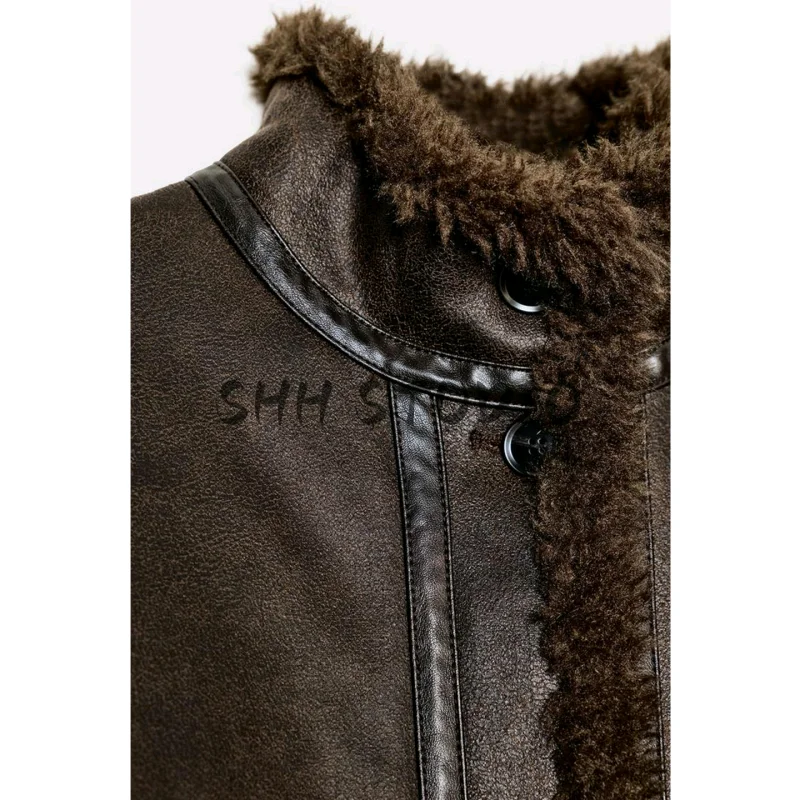 Zimowa Nowa Damska Długa Kurtka z Wysokim Kołnierzem Dwustronna Kurtka Pilotka Odzież Wierzchnia Włókno Poliestrowe 100% Zapinana na Guziki