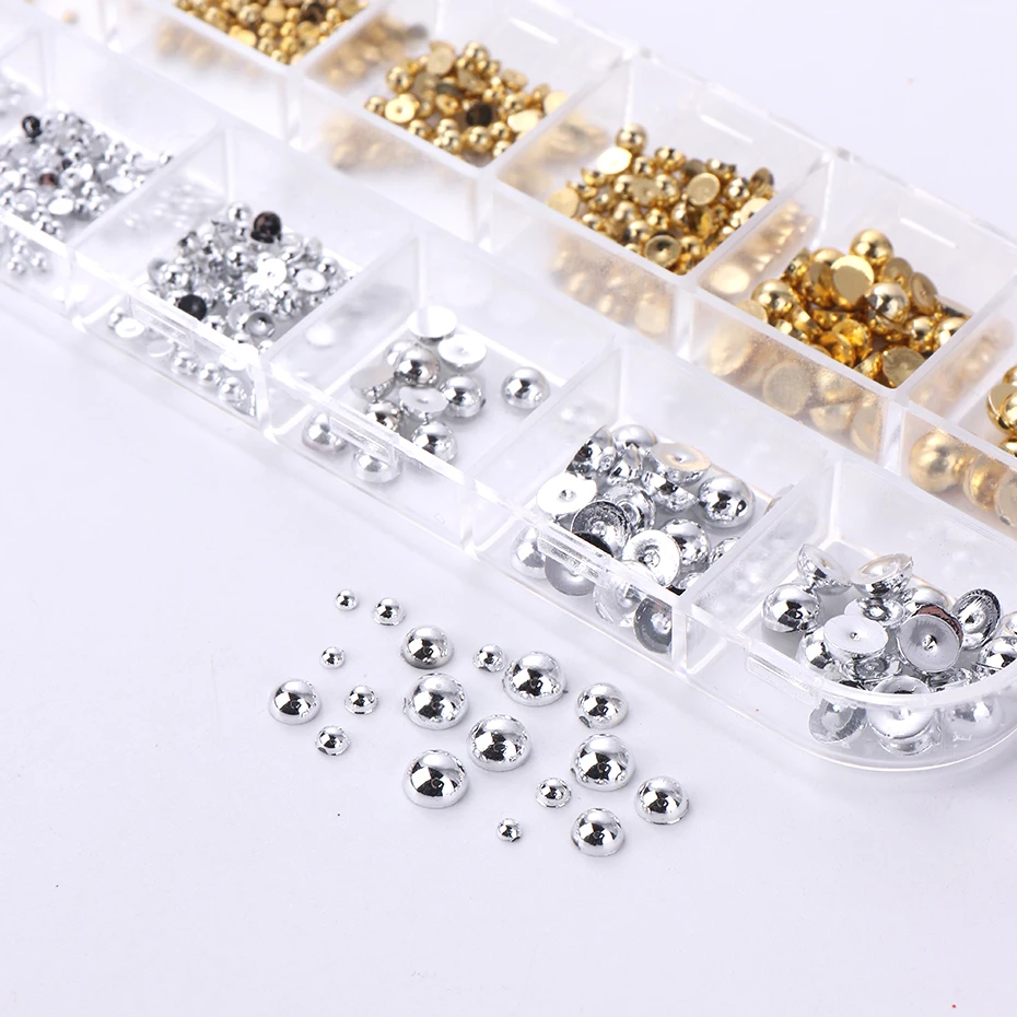 อุปกรณ์ตกแต่งเล็บมุกทรงแบนครึ่งวงกลมสีทองเงินแบบผสม 12 ช่อง สำหรับตกแต่งเล็บ 3 มิติ