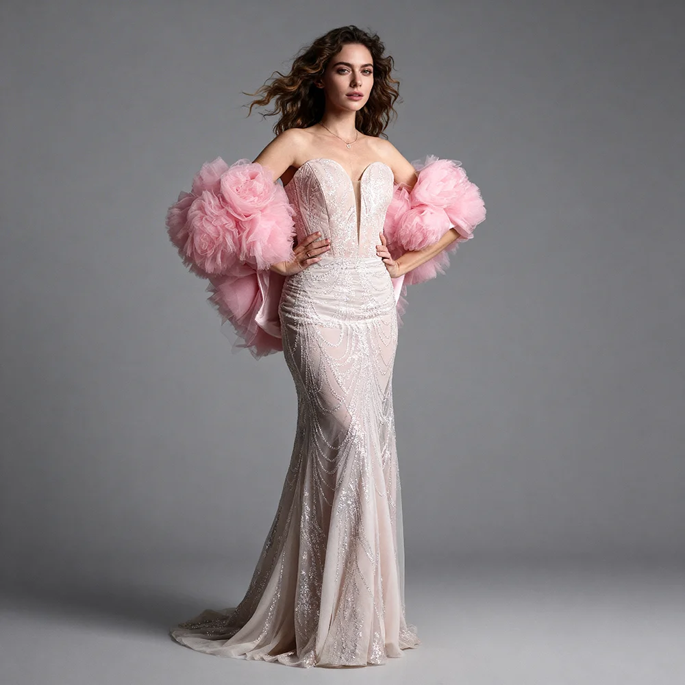 Wedding Accessories Pink Floral 3D Ruffled Tulle Bridal Cape Detachable Wedding Prom Evening Gown Accessory Dress Cape ES648D