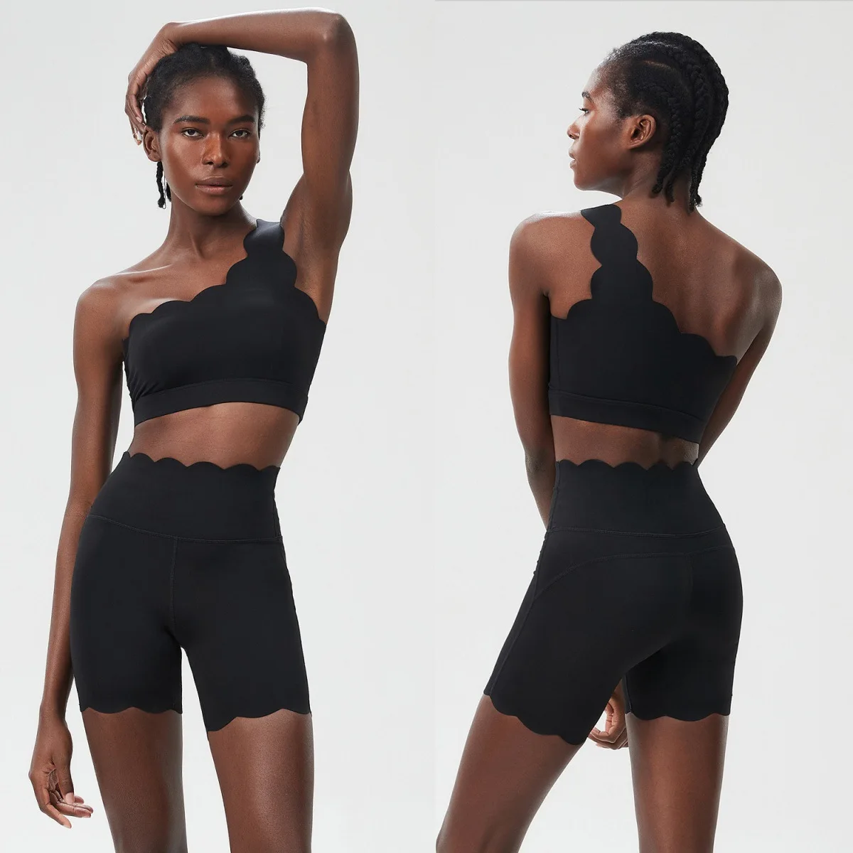 Women Athletic Ruffled Asymmetrical Shoulder Yoga Fitness Set Cycling Running Gym Summer Casual Outdoor Workout Sport Suit