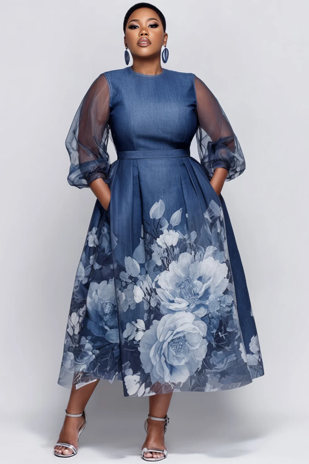 

Plus Size Daily Blue Floral Round Neck 3/4 Sleeve Pocket Elegant See Through Tulle Midi Dresses
