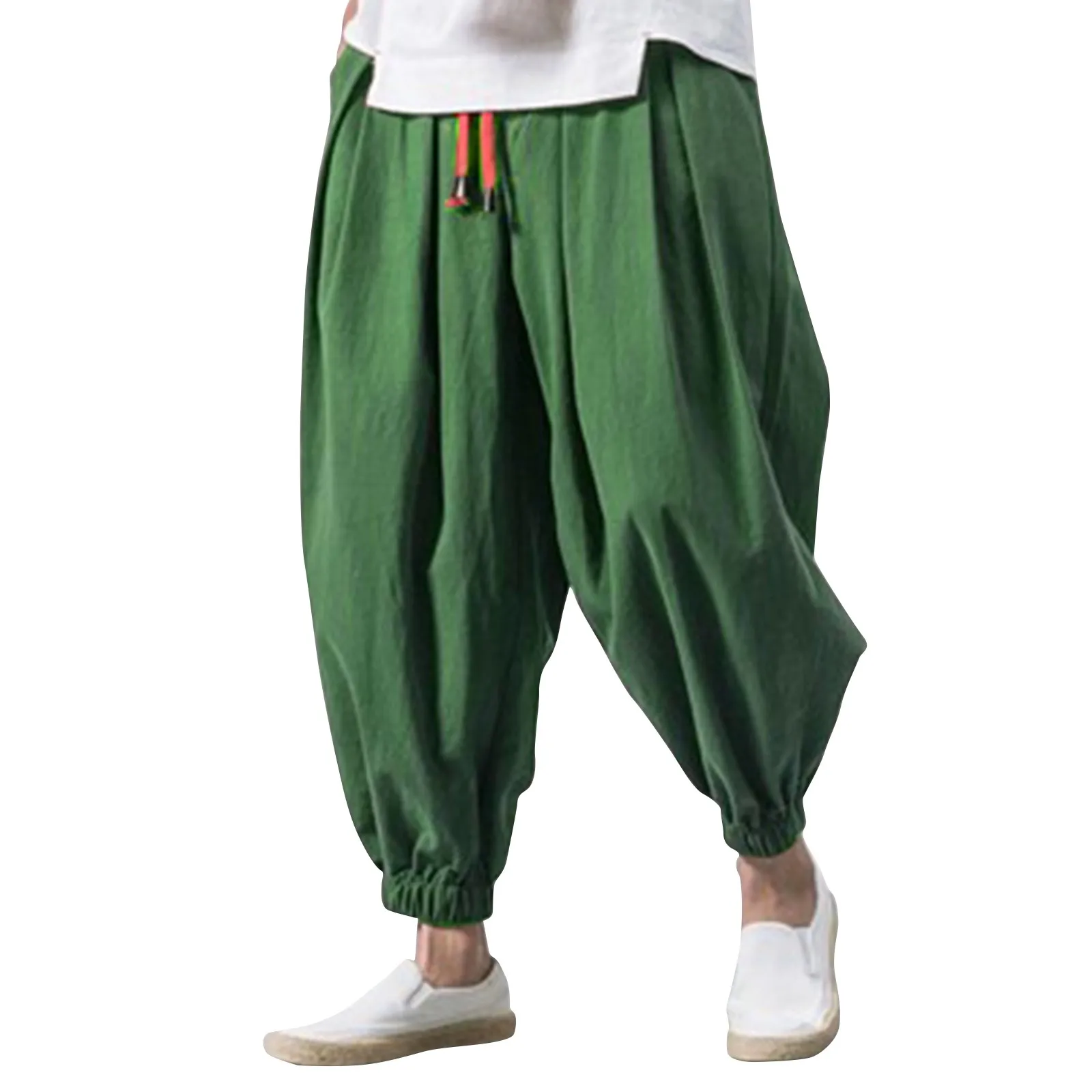 

Men'S Cotton Linen Cropped Pants Fashion Loose Wide-Legged Sports Harem Pants Plus Size Casual Drawstring Cropped Pants