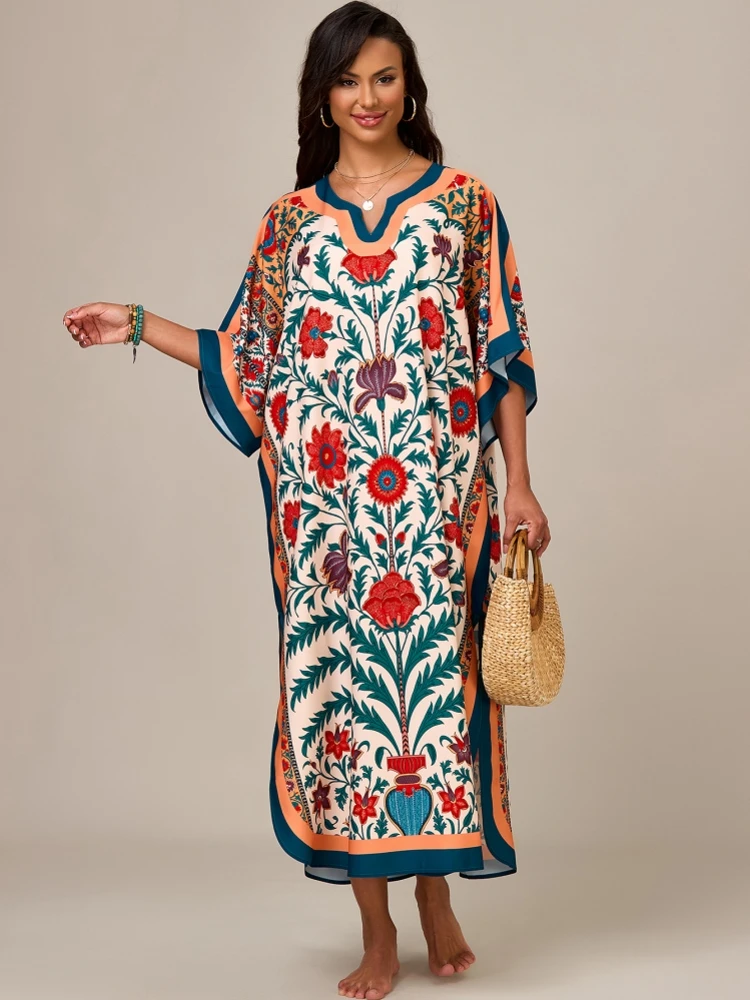 

Summer Cover Ups Women Dress Swimsuit Short Sleeve Robes Bathing Suit 2026 New Beach Holiday Flower Print Maxi Dresses Cover-Up
