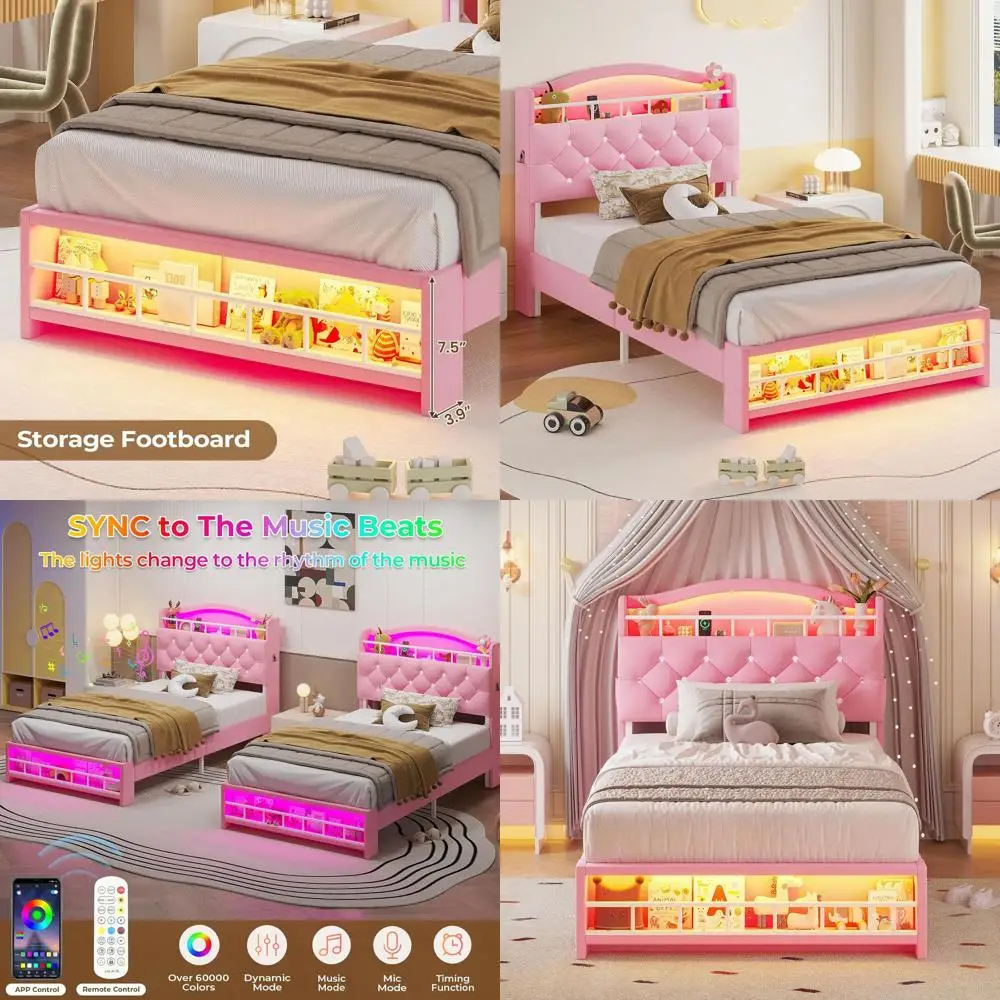 

Розовая двуспальная кровать-платформа с LED-подсветкой для девочек, с зарядной станцией, защитным бортиком и хрустальными кнопками, без пружинного блока