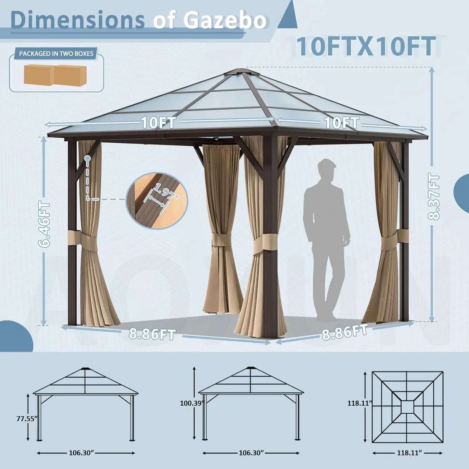 10' x 10' Gazebo Single Polycarbonate Roof Outdoor Aluminum Frame Everlasting Pergolas with Netting and Curtains for Backyards