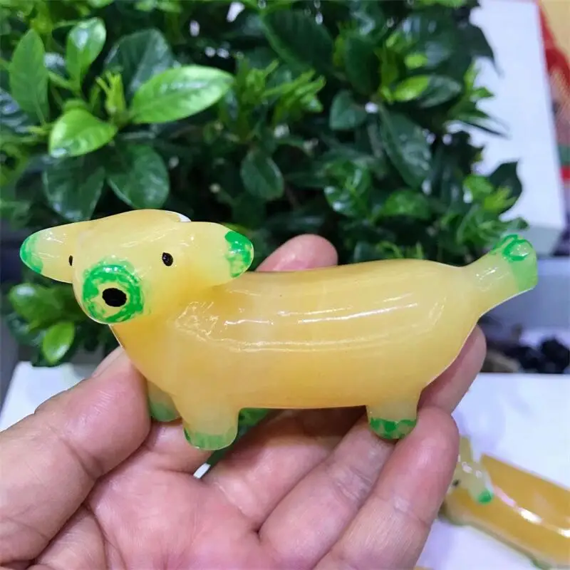 9.8CM Natural Yellow Caclite Banana Dog Polished Carving Cute Animal Fengshui Crystal Healing Healthy Children Gift 1pcs