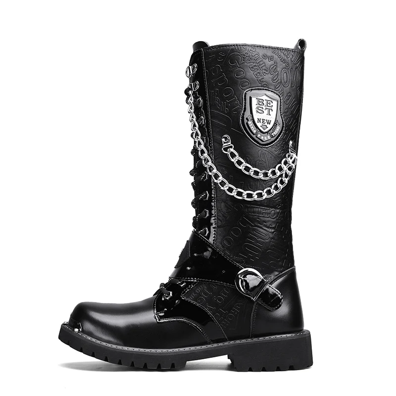 New 2023 Men Leather Motorcycle Boots Fashion Mid-Calf Punk Rock High Top Casual Boots Men Shoes Military Riding Boots Black