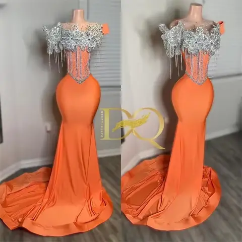 Glittrig Orange Sjöjungfrubalklänning 2025 Pärlor Kristall Applikationer Tofsar Lyxig Födelsedagsfestklänning Vestidos Anpassad 10 best sales orange balklänningar - №8