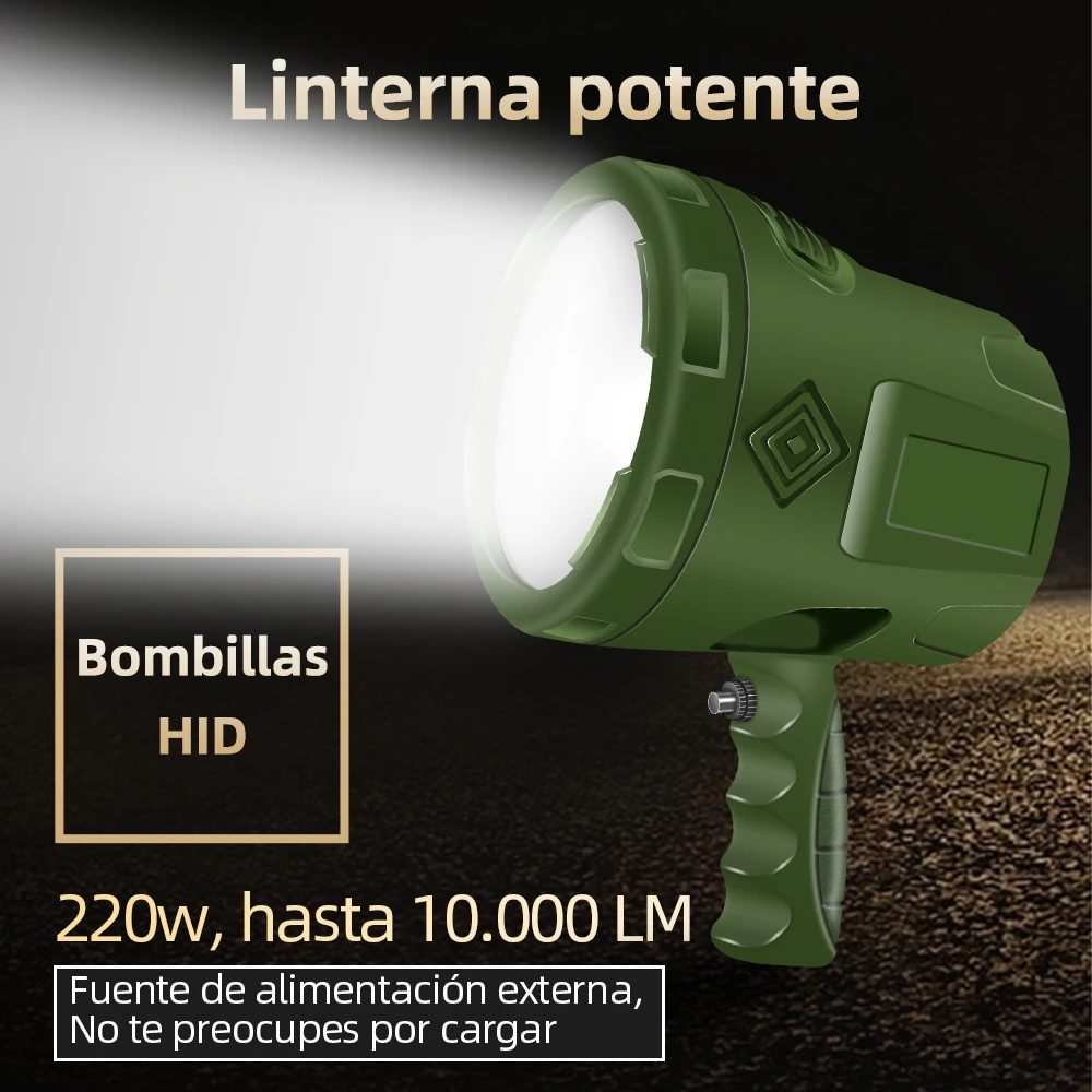 Linterna HID de Alta Potencia 220w 12v, Linterna de Caza, Búsqueda, Pesca, Camping, Trabajo y Actividades al Aire Libre
