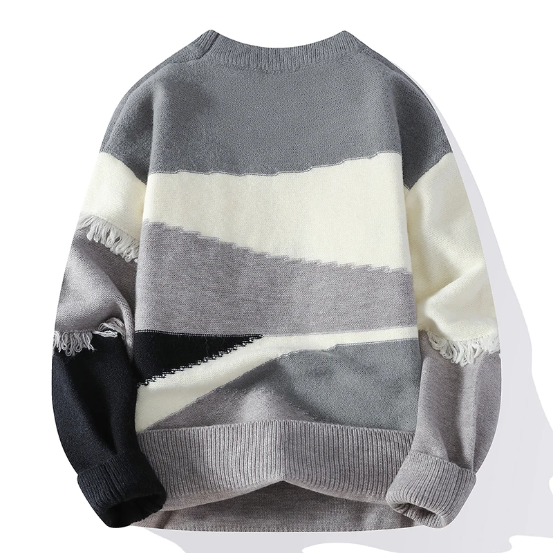 Hole Fringed Sweaters Retro Tasseled Knitwear Patchwork Color Knitwear Round Neck Pullover Knit Sweater Couple Long Sleeve Tops