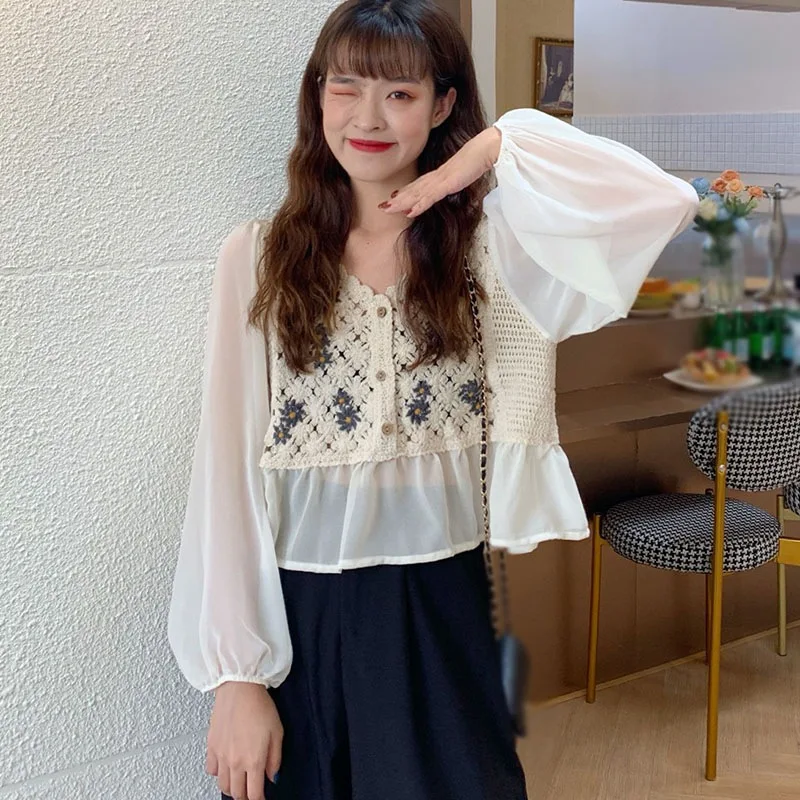 Hollow Crochet Long Sleeve Chiffon Blouse Top Women Elegant Short Style Sweet And Spicy All-Match Leisure Versatile Summer