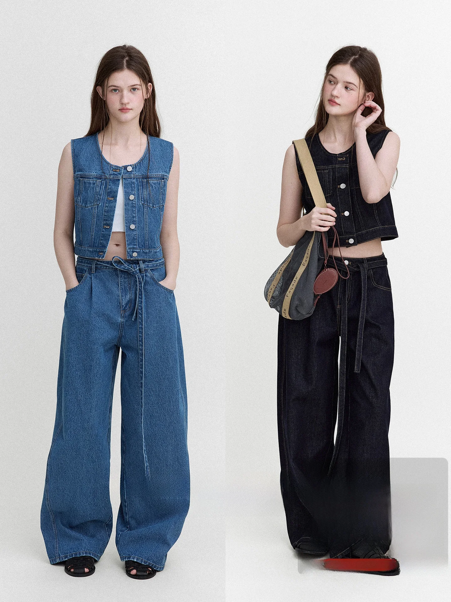 

Retro Nordic High Waist Denim Vest Women's Fashion Set with Washed Jeans Long Pants No Sleeve round Neck Button Closure Sprin...
