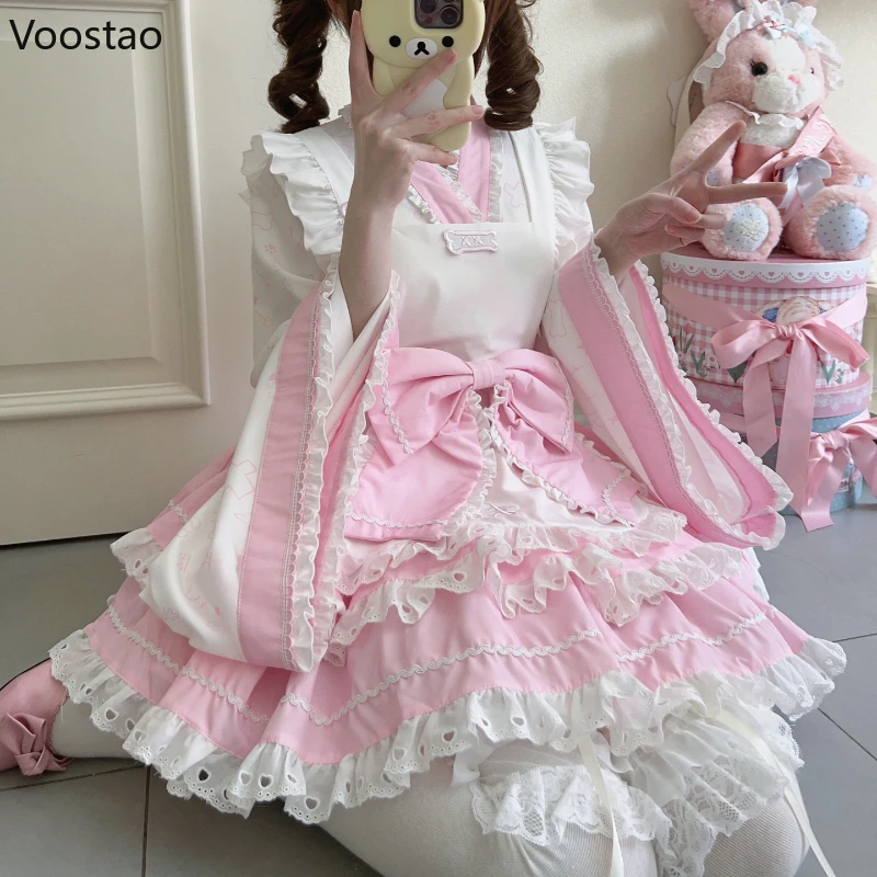 Japanese Kawaii Lolita Mini Dress Women Sweet Cute Embroidery Bow Kimono Cosplay Maid Dresses Harajuku Y2k Apron Lolita Sets