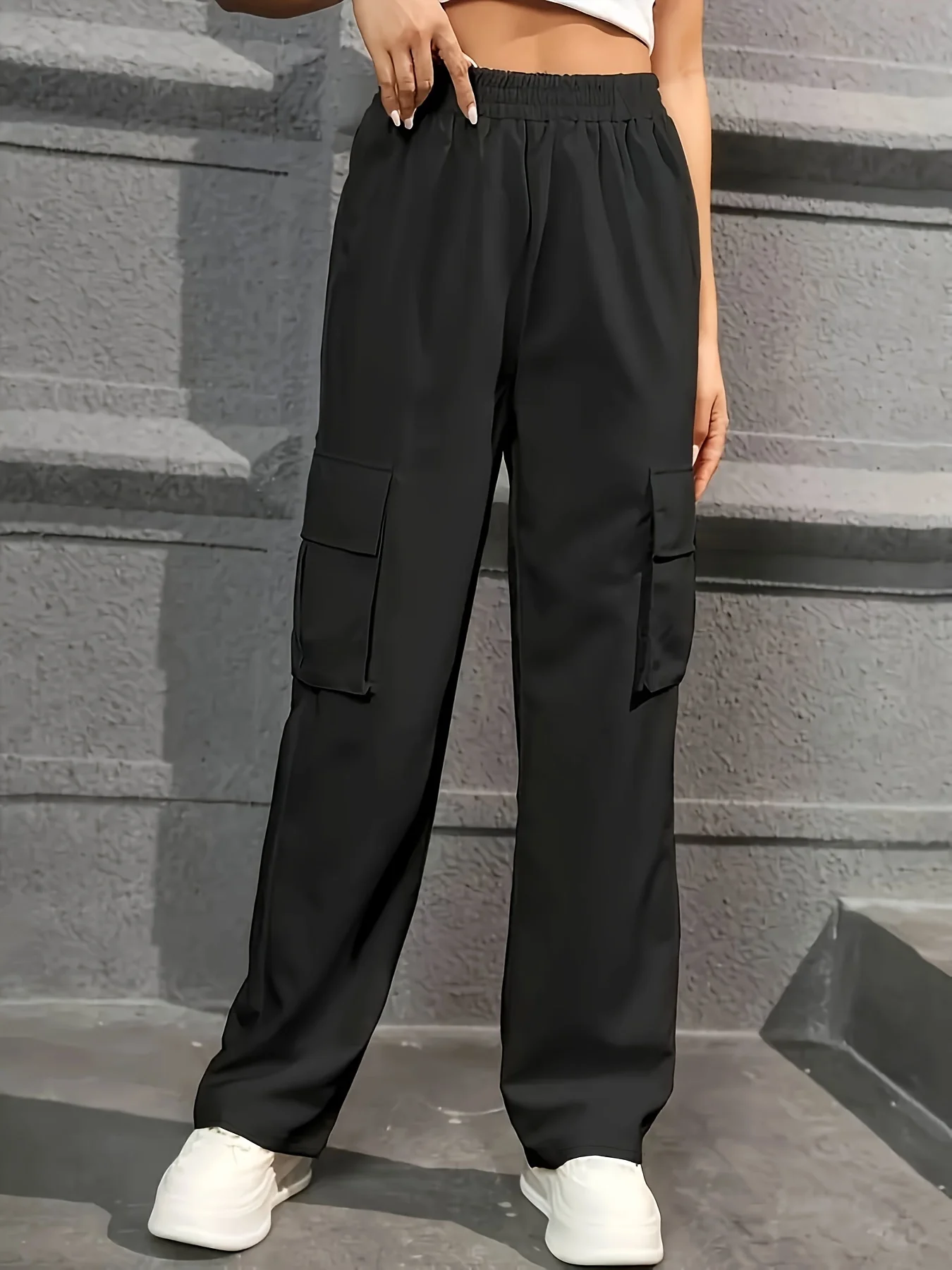 Elastic Waist Fashionable Workwear Pants, High Waist Wide Leg Pants Loose Solid Color Casual Sports Pants, WOMEN\'S Sportswear