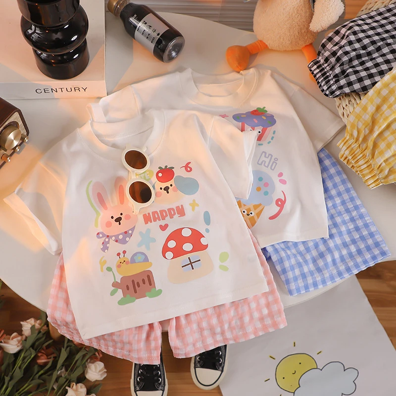 Cartoon Printed T-shirt Casual Suit Summer Girls And Boys Clothes Plaid Shorts Tees 2pc/set Children Clothes Leisure Outfits