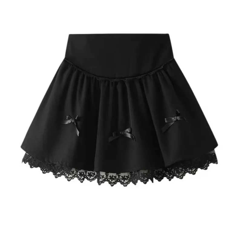 

Sexy Lace Mini Puff Skirt Summer Woman Skirt New Skinny elastic High Waist Solid Splicing A-line Bow Ballet Skirt Woman Clothing