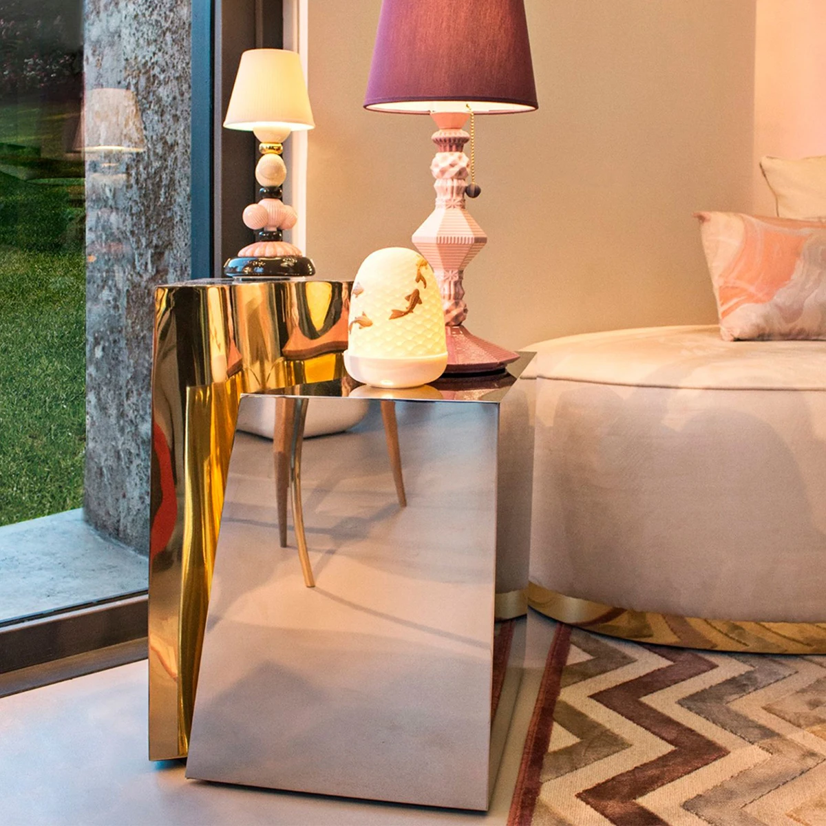 

Современный полированный боковой столик из шпона латуни и ореха, роскошный журнальный столик, мебель для гостиной