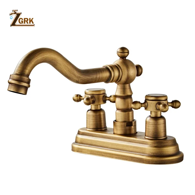 ZGRK 360 Swivel Antique Brass Bathroom Basin Sink Mix Tap Bathtub Dual Handles Deck Mounted Basin Sink Mixer Faucet