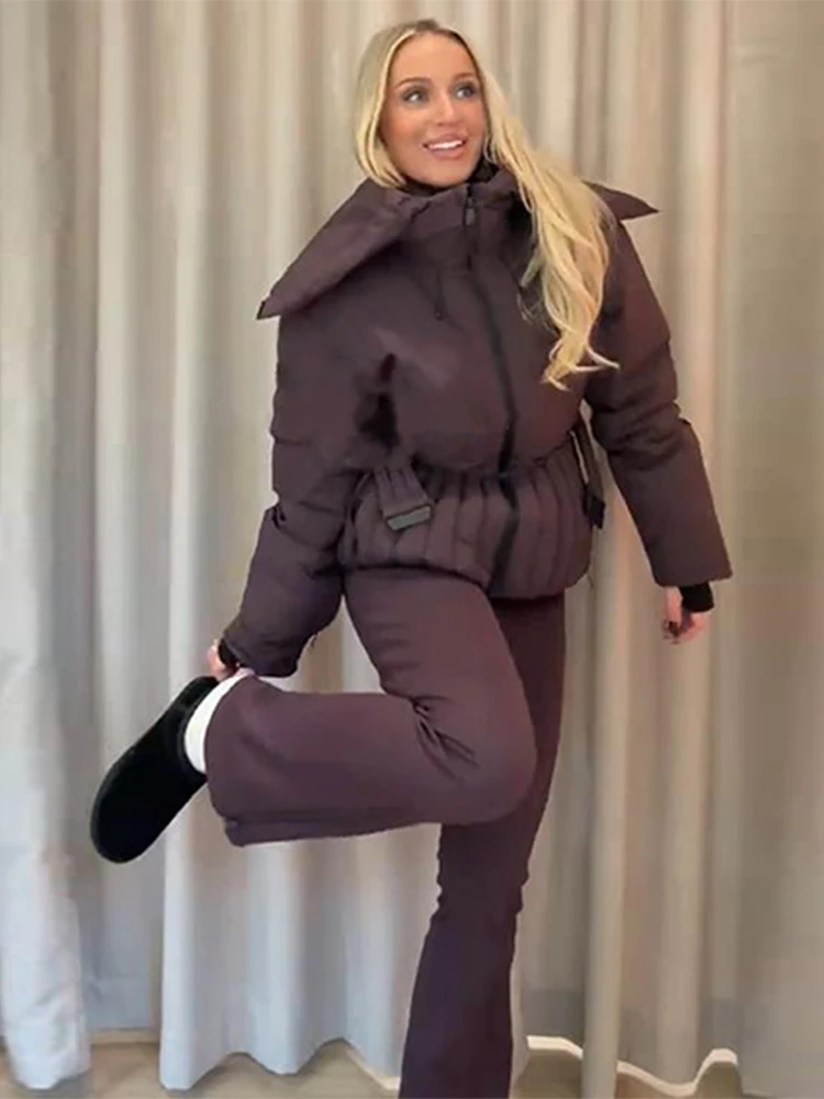 

﻿Women Snowboard Jacket 2025 Winter Hooded Belt Cotton Quilted Snow Coats Outdoor Sports Outerwear Windproof Warm Tracksuit