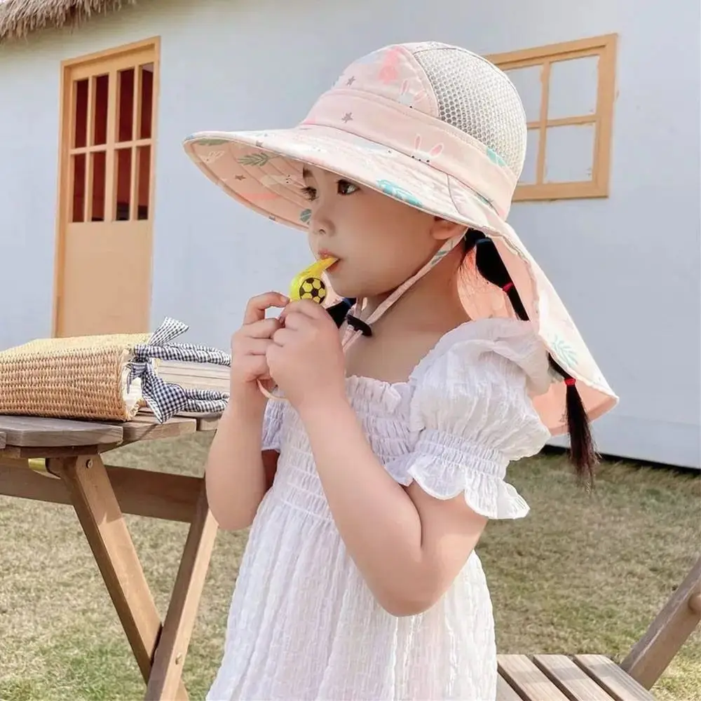 Topi Bayi Musim Panas Model Bucket dengan Pelindung Leher dan Telinga, Dilengkapi Peluit, Topi Tabir Surya Anak, Pinggiran Lebar, Bernapas, Topi Pantai untuk Olahraga Luar Ruangan