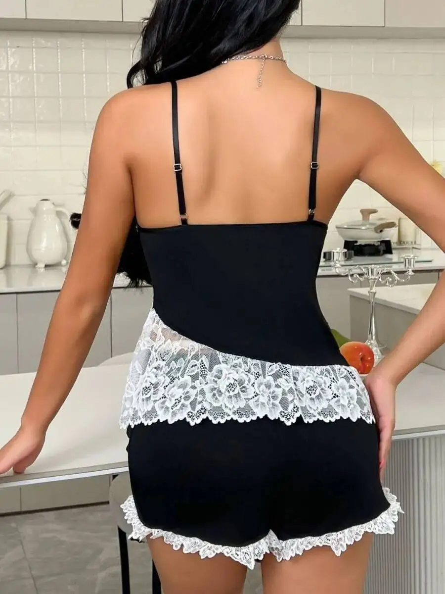 Strappy السراويل مجموعات Casaul أنيقة نمط الخامس الرقبة الدانتيل المرقعة مثير المتسكعون الدانتيل المشذبة Bowknot السراويل مجموعات ملابس النوم 5US6 #5